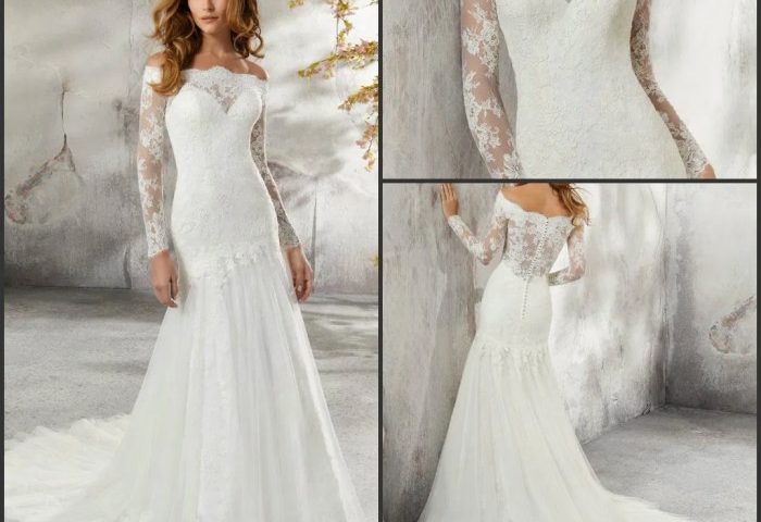 Long sleeve square neck wedding dress